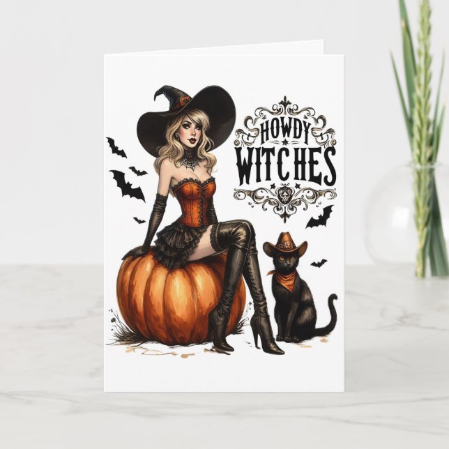 Funny Vintage Howdy Witches Halloween Holiday Card (Front)