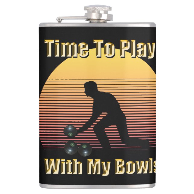 Funny Vintage Lawn Bowls Play Time, Hip Flask (Front)