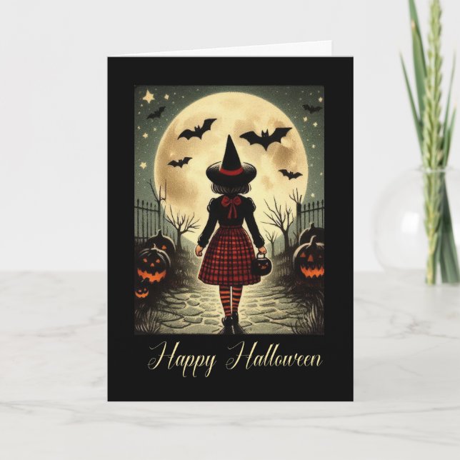 Funny Vintage Little Witch Halloween Holiday Card (Front)
