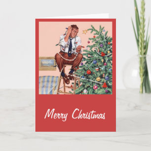Funny Vintage Man Decorating Christmas Tree retro Holiday Card