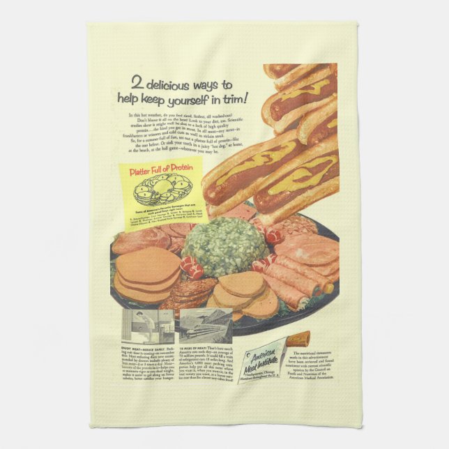 Funny Vintage Meat Institute Ad PLATTER OF PROTEIN Tea Towel (Vertical)