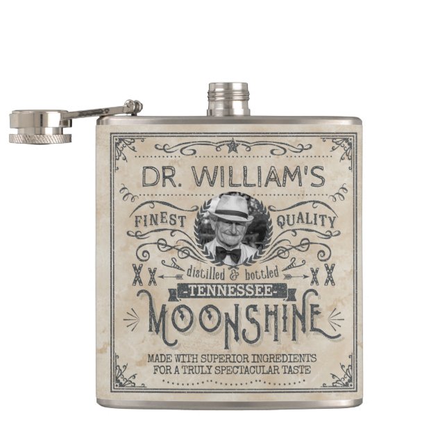 Funny Vintage Moonshine Hillbilly Medicine Custom Hip Flask (Opened)