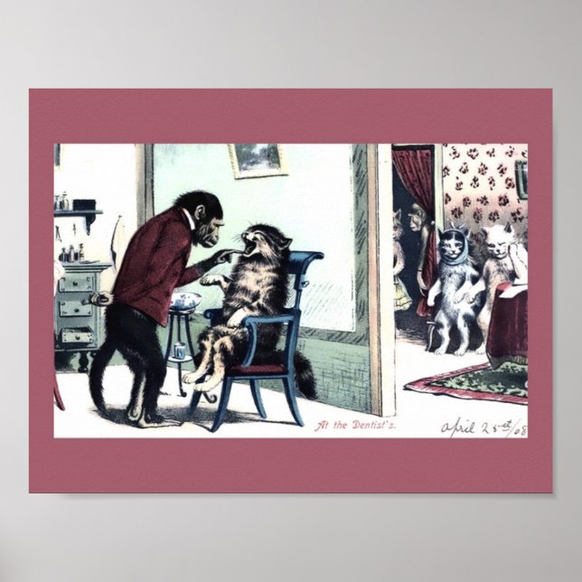 Funny Vintage Print Monkey Dentist w/ Cat Patients (Front)
