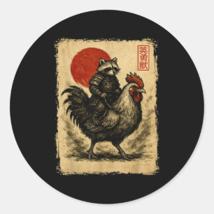 Funny Vintage Raccoon Rooster Chicken Japanese Uki Classic Round Sticker