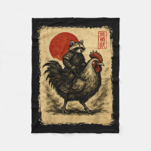 Funny Vintage Raccoon Rooster Chicken Japanese Uki Fleece Blanket