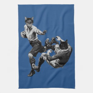 funny vintage rugby playing cats tea towel