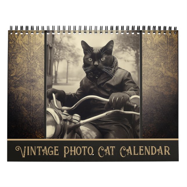 Funny Vintage Sepia Photo Black Cat Calendar (Cover)