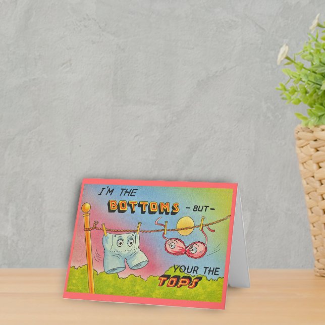 Funny Vintage Talking Clothes Note Card (Funny underwear and bra on clothes line with google eyes on colourful notecards.)