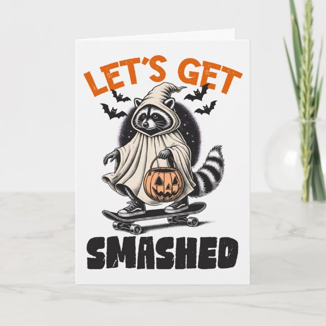 Funny Vintage Themed Racoon Skateboard Halloween Holiday Card (Front)