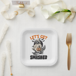 Funny Vintage Themed Racoon Skateboard Halloween Paper Plate