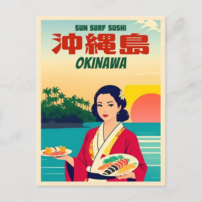 Funny Vintage Travel Okinawa Japan Sushi Humour Postcard (Front)