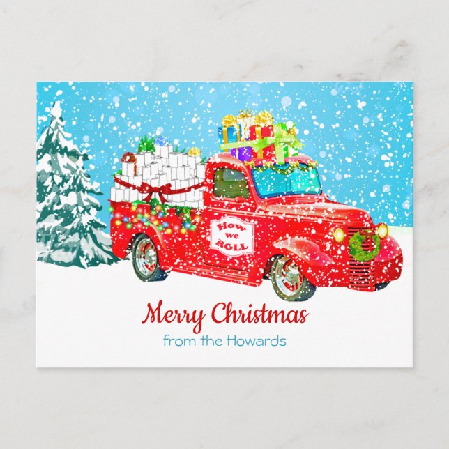 Funny Vintage Truck in Snow with Toilet Paper Postcard (Front)