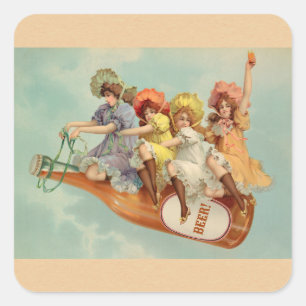 Funny Vintage Victorian Women Drinking Beer Square Sticker