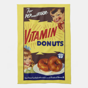 Funny Vintage "Vitamin Doughnuts" Advertisement Tea Towel