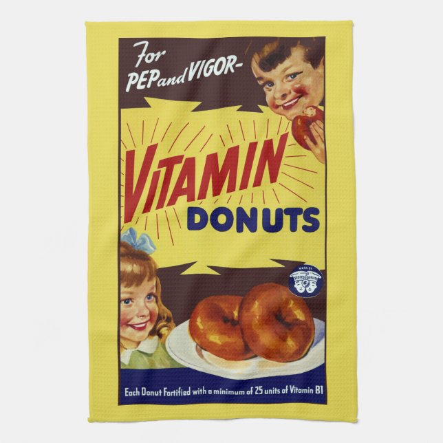 Funny Vintage "Vitamin Doughnuts" Advertisement Tea Towel (Vertical)