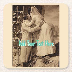 Funny Vintage Wedding Couple Kissing Add Text Square Paper Coaster