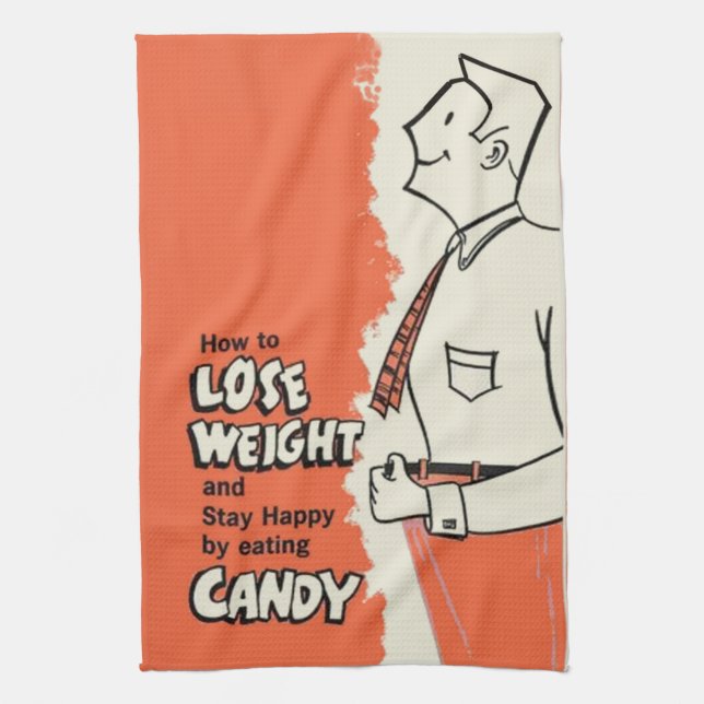 Funny Vintage Weight Loss Ad EAT CANDY Tea Towel (Vertical)
