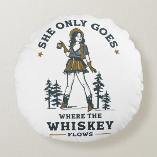 Funny Vintage Western Cowgirl Whiskey Lover Round Cushion
