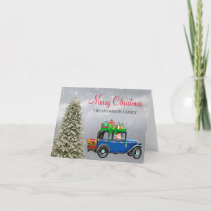 Funny Vintage White Christmas Tree Santa Car Holiday Card