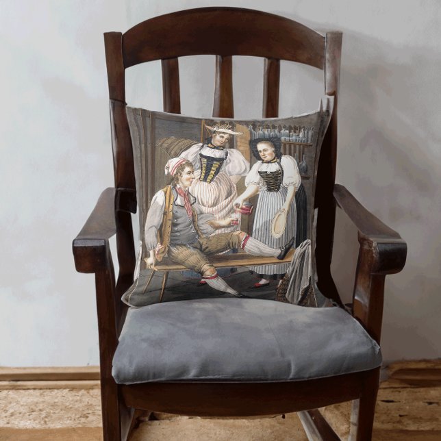 Funny Vintage Wine Cellar Swiss Drinking Scene Cushion (Creator Uploaded)