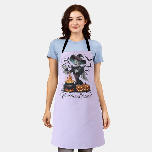 Funny Vintage Witch Cauldron Blessed Halloween Apron (Worn)