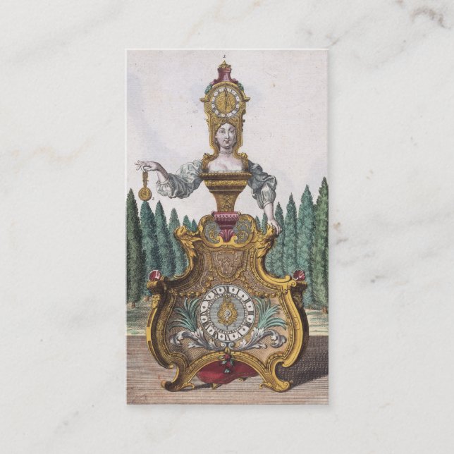 Funny Vintage Woman Clock Costume Watchmaker Business Card (Front)