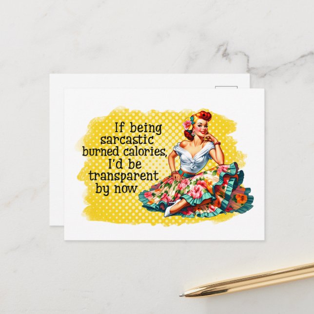 Funny Vintage Woman Sarcastic Burn Calories Postcard (Front/Back In Situ)