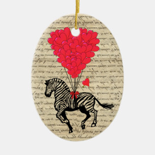 Funny vintage zebra & heart balloons ceramic tree decoration