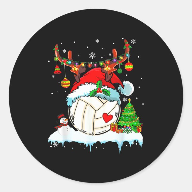 Funny Volleyball Christmas Reindeer Santa Hat Ligh Classic Round Sticker (Front)