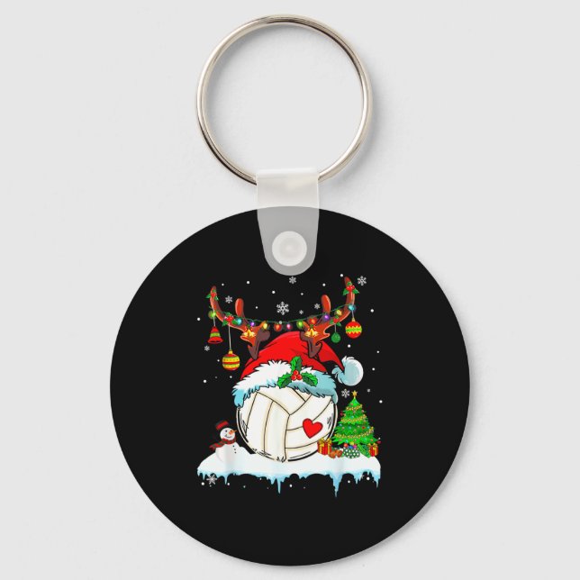 Funny Volleyball Christmas Reindeer Santa Hat Ligh Key Ring (Front)