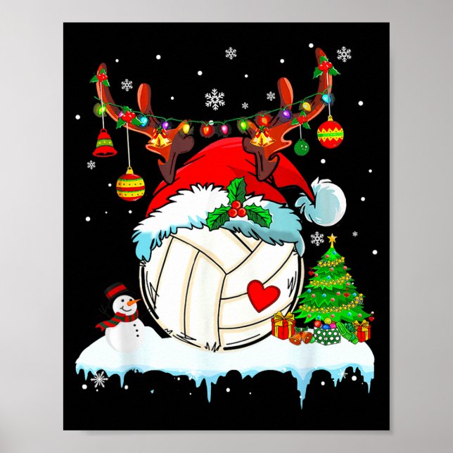 Funny Volleyball Christmas Reindeer Santa Hat Ligh Poster (Front)