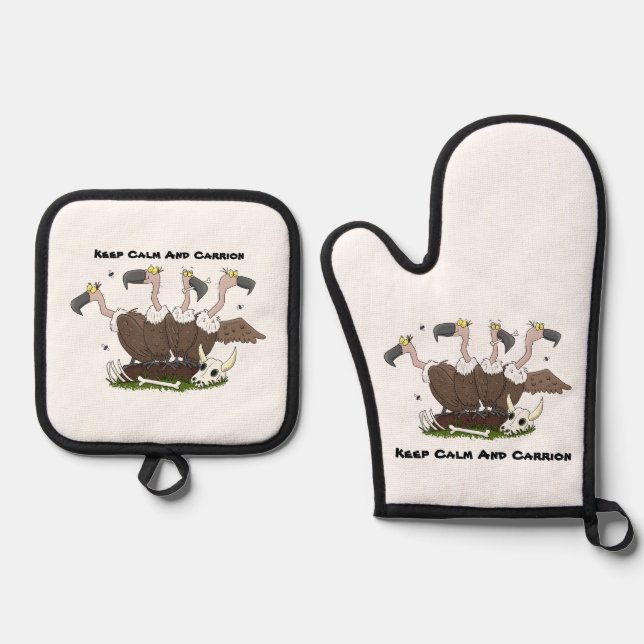 Funny vultures humour cartoon oven mitt & pot holder set (Front)