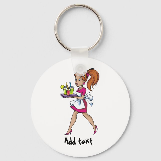 Funny waiter waitress cartoon personalized key ring (Front)