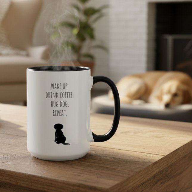 Funny Wake Up Drink Coffee Hug Dog Mum Mug (Wake up drink coffee hug dog mug — funny birthday gift idea for the caffeine-loving dog mom.)