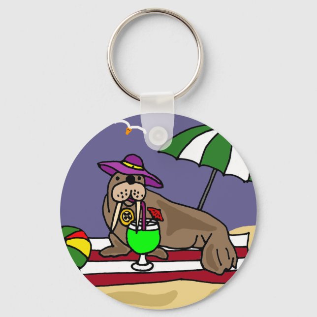 Funny Walrus at the Beach Art Key Ring (Front)