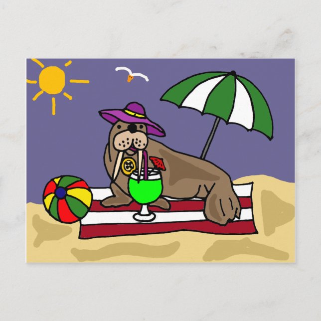 Funny Walrus at the Beach Art Postcard (Front)