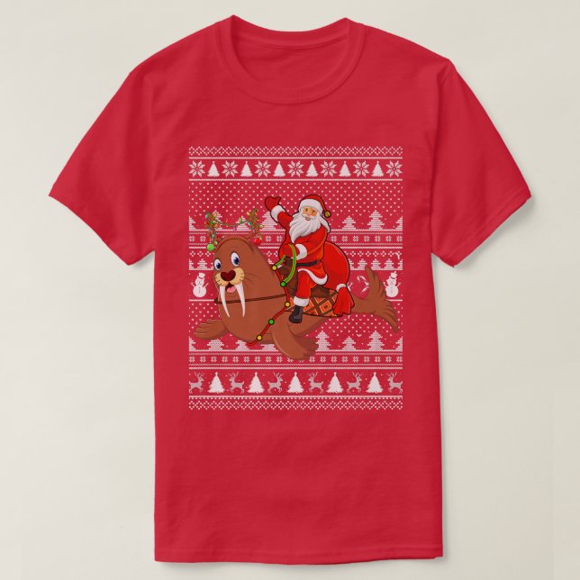 Funny Walrus Lover Santa Riding Walrus Ugly Christ T-Shirt (Design Front)