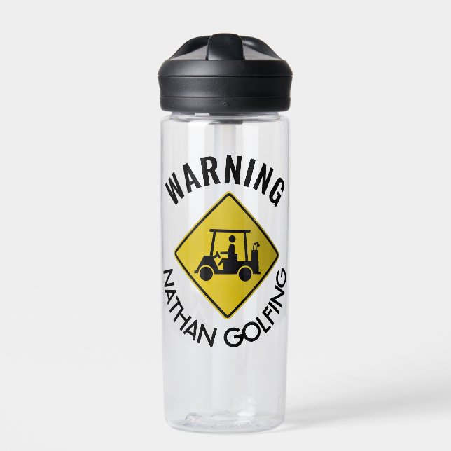 Funny Warning Sign Golf Cart Personalised Water Bottle (Front)