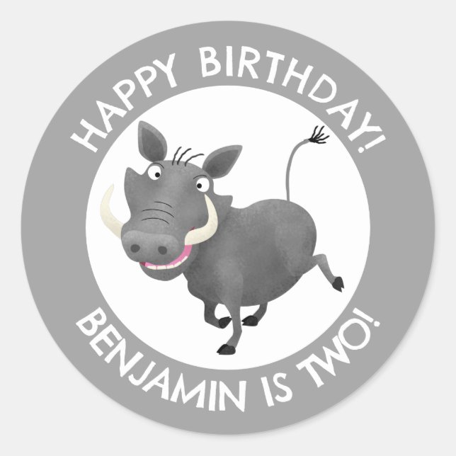 Funny warthog personalised birthday classic round sticker (Front)
