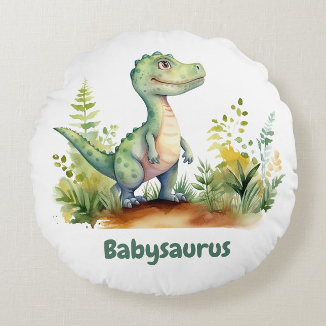 Funny Watercolor Baby Dinosaurs Personalised Round Cushion (Front)