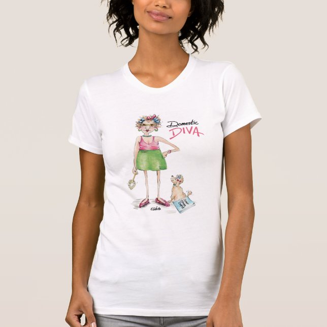 Funny Watercolor cartoon Sketch Domestic Diva T-Shirt (Front)