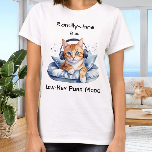 Funny Watercolor Cat Humour Personalised T-Shirt (A funny personalized t-shirt with picture of a cat chilling out with headphones)