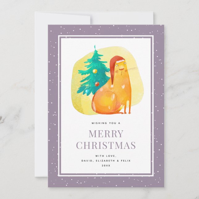 Funny Watercolor Cat Purple Merry Christmas Card (Front)