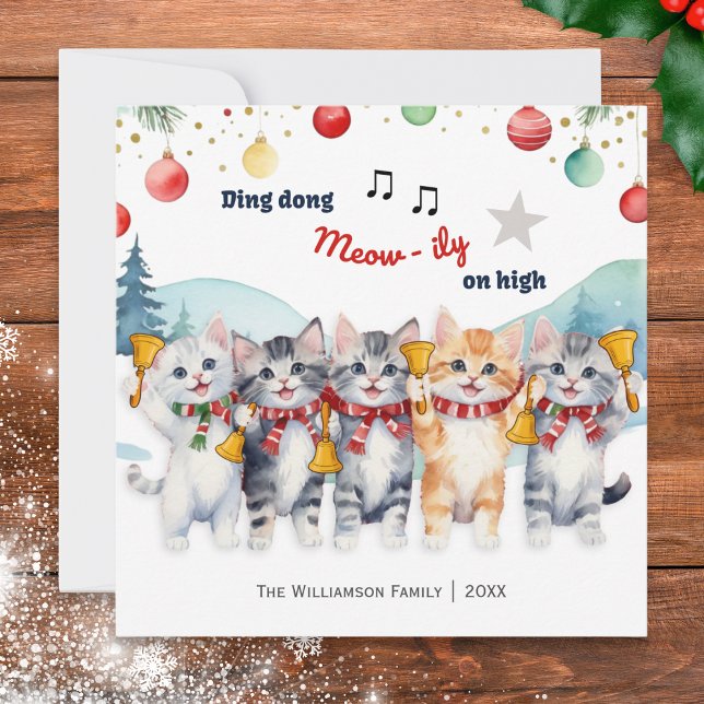 Funny Watercolor Cats Choir Christmas Holiday Card (A Christmas card featuring cats playing handbells, in a watercolor style)