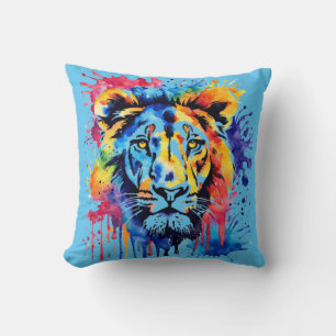 Funny watercolor colourful lion cushion