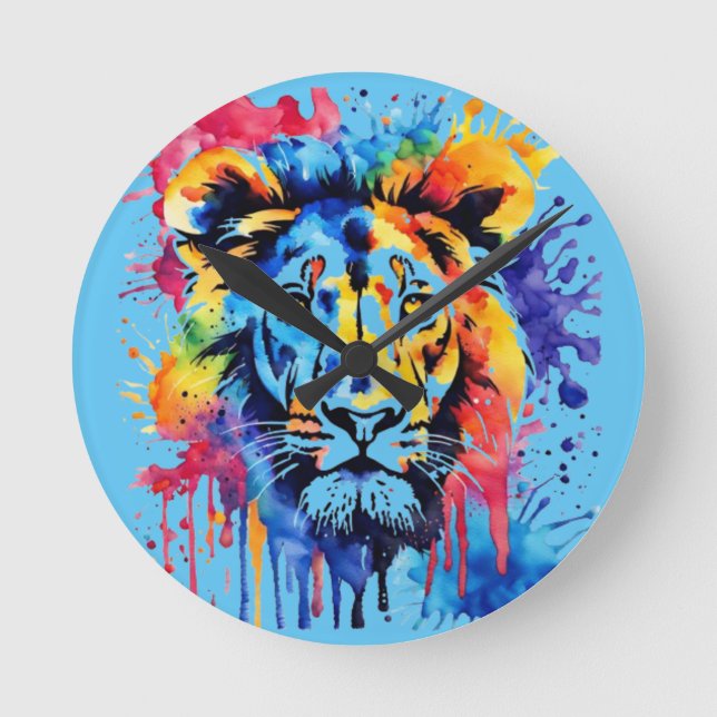 Funny watercolor colourful lion round clock (Front)