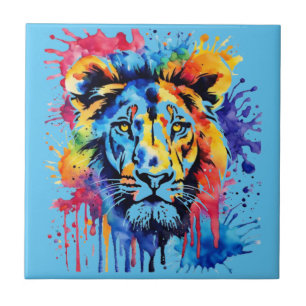 Funny watercolor colourful lion tile