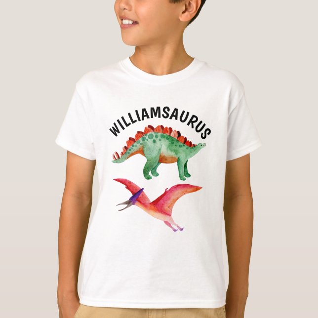 Funny Watercolor Dinosaur Personalised Name  T-Shirt (Front)