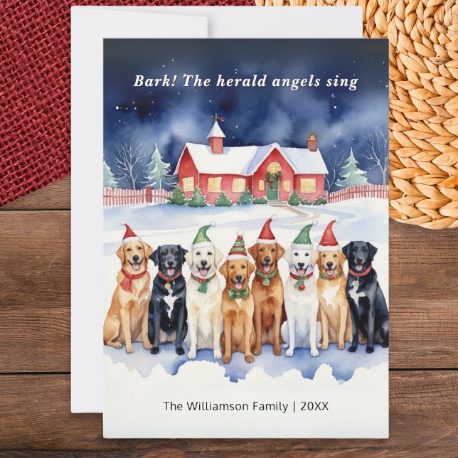 Funny Watercolor Dogs Singing Christmas Carols Holiday Card (A funny cartoon Christmas card with festive dogs singing their favorite carol in the winter snow)