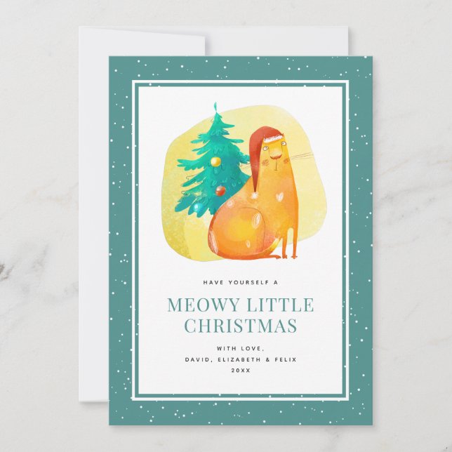 Funny Watercolor Fat Cat Tree Snow Christmas Card (Front)